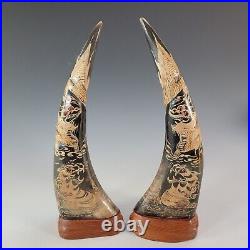 Hand Carved Dragon Tiger Chinese Ox/Bull Horn Detailed Glass Eyes Set of (2)