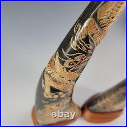 Hand Carved Dragon Tiger Chinese Ox/Bull Horn Detailed Glass Eyes Set of (2)