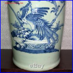 Huge 58cmH Chinese Qing Blue and White Porcelain Dragon & Phoenix Floor Vase