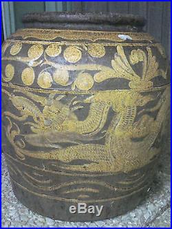 Huge Antique Chinese Japanese Dragon Earthenware Glazed Planter Crock Pot NR