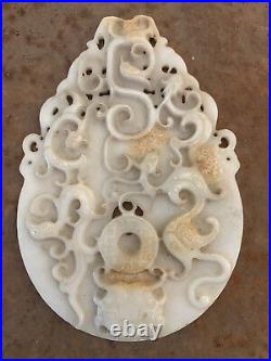 Huge Chinese HeTian White Jade Hand Carved Dragon/Phoenix Relief 2Faces Plaque