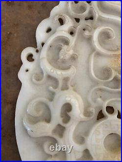 Huge Chinese HeTian White Jade Hand Carved Dragon/Phoenix Relief 2Faces Plaque