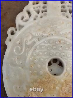 Huge Chinese HeTian White Jade Hand Carved Dragon/Phoenix Relief 2Faces Plaque