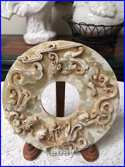 Important Antique 1700's Chinese Sculpted Green Stone Dragon Bi-Disk With Stand