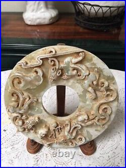 Important Antique 1700's Chinese Sculpted Green Stone Dragon Bi-Disk With Stand