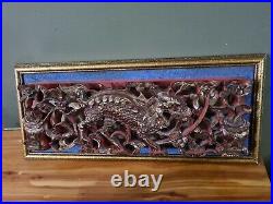 Intricately Carved Chinese Gold Gilt Lacquer Dragon & Flowers Panel Wall Plaque
