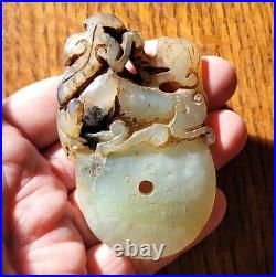 Jade Carving. Animal Dragon Beast. Small Hole In Center. Pendant Chinese