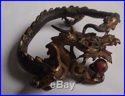 Japanese Chinese Antique Painted Bronze And Gold Gilded Dragon Figure With Ball
