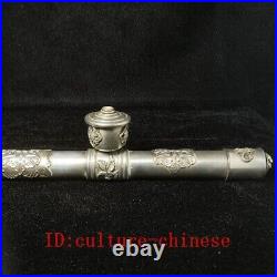 L 42 CM Chinese Tibet Silver Carving Dragon eagle flower Tobacco Pipe Collection