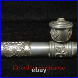 L 42 CM Chinese Tibet Silver Carving Dragon eagle flower Tobacco Pipe Collection