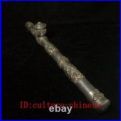 L 42 CM Chinese Tibet Silver Carving Dragon eagle flower Tobacco Pipe Collection