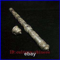 L 42 CM Chinese Tibet Silver Carving Dragon eagle flower Tobacco Pipe Collection