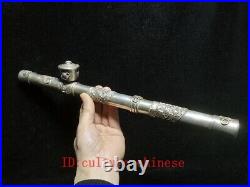 L 42 CM Chinese Tibet Silver Carving Dragon eagle flower Tobacco Pipe Collection