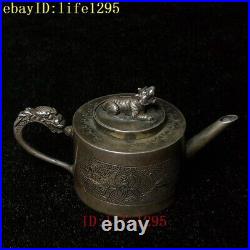L 7.5 CM Chinese Handcrafted sterling silver dragon tiger drawing ink drip pot