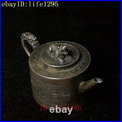 L 7.5 CM Chinese Handcrafted sterling silver dragon tiger drawing ink drip pot