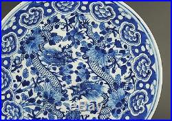 LARGE 30.5cm Antique 19thC Chinese Blue and White Porcelain Dragon Plate Charger