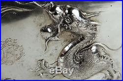 LARGE AND HIGH QUALITY ANTIQUE CHINESE SILVER BOX WITH RELIEF DRAGONS SIGNED