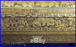 LARGE ANTIQUE CHINESE BLACK LACQUER WITH GILT SCENE OF FIGURES WITH DRAGONS