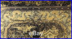 LARGE ANTIQUE CHINESE BLACK LACQUER WITH GILT SCENE OF FIGURES WITH DRAGONS