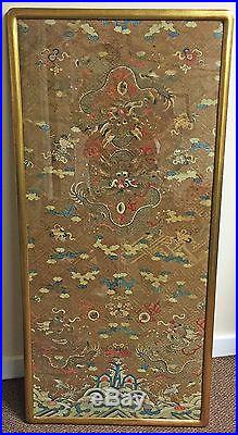 LARGE ANTIQUE CHINESE FRAMED TEXTILE WITH DRAGONS MING