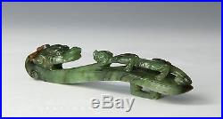 LARGE ANTIQUE CHINESE SPINACH GREEN JADE BELT HOOK W DRAGONS