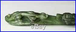 LARGE ANTIQUE CHINESE SPINACH GREEN JADE BELT HOOK W DRAGONS