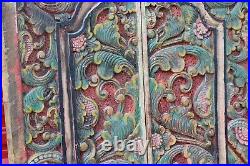 LARGE Antique Pair Chinese Polychrome Wood Doors Dragon Engraved Patterns