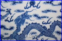 LARGE! PERFECT ANTIQUE 19TH C. CHINESE BLUE DRAGONS PORCELAIN PLATTER