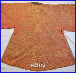 LATE 18th ANTIQUE CHINESE EMBROIDERY ORANGE SUMMER ROBE QING DYNASTY DRAGON