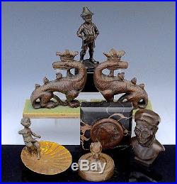 LOT ANTIQUE BRONZE DRAGON BOOKENDS CHINESE MAN & DEVIL PAPERWEIGHTS FIGURES ETC