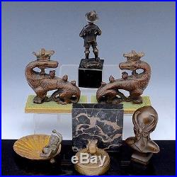 LOT ANTIQUE BRONZE DRAGON BOOKENDS CHINESE MAN & DEVIL PAPERWEIGHTS FIGURES ETC