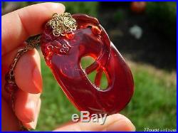 Lovely Antique Chinese Ruby Red Glass Dragon And Gilt Silver Pendnat Necklace