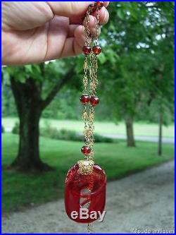 Lovely Antique Chinese Ruby Red Glass Dragon And Gilt Silver Pendnat Necklace