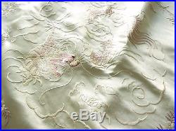 LOVELY Antique Chinese Embroidered Light Green Silk Panel DRAGON 34x35
