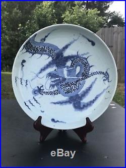 Large 18th Century Antique Chinese Porcelain Blue And White Dragon Plate