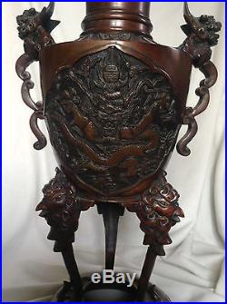 Large Antique 19. Century Chinese Bronze Dragon Vase Incense Burner Flowers Lion