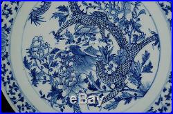 Large Antique 19thC Chinese Blue and White Porcelain Dragon Flower Plate Charger