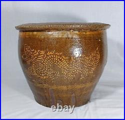 Large Antique Chinese Brown Glaze Dragon Pot Jardiniere Planter, 12.5 H X 15 W