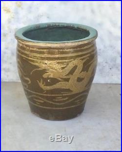 Large Antique Chinese DRAGON Pot Planter. Egg Crate Jar Glazed Earthenware