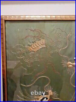 Large Antique Chinese Export Green Silk Gold Thread DRAGONS Embroidery