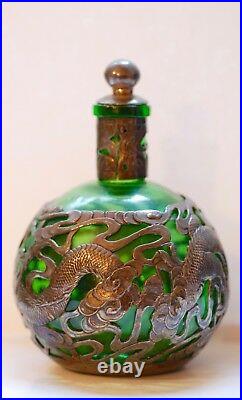 Large Antique Chinese Green Glass & Sterling Dragon Decanter Bottle