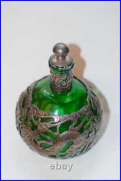 Large Antique Chinese Green Glass & Sterling Dragon Decanter Bottle