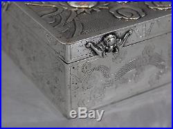 Large Antique Chinese Hallmark Sterling Silver Cigar Humidor Dragon Box