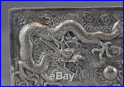 Large Antique Chinese Hallmark Sterling Silver Cigar Humidor Dragon Box