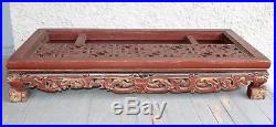 Large Antique Chinese Hand Carved Dragon Wood Table. Lattice Panel Pedestal RARE