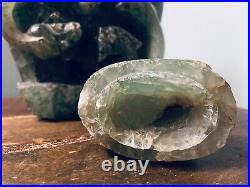 Large Antique Chinese Hard Stone Tourmaline Jade Urn / Vessel Etched Chilongs