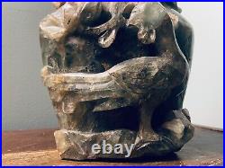 Large Antique Chinese Hard Stone Tourmaline Jade Urn / Vessel Etched Chilongs