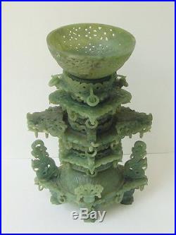 Large Antique Chinese Jade Colored Stone Incense Burner Bowl Dragon Carving