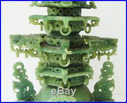 Large Antique Chinese Jade Colored Stone Incense Burner Bowl Dragon Carving