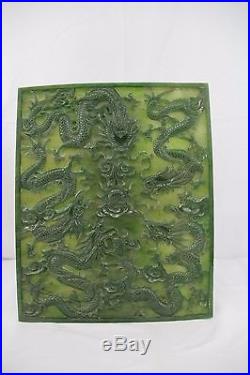 Large Antique Chinese Qing Dynasty Spinach Jadeite Jade Plaque of Dragons